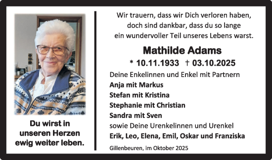 Traueranzeige von Mathilde Adams von WochenSpiegel