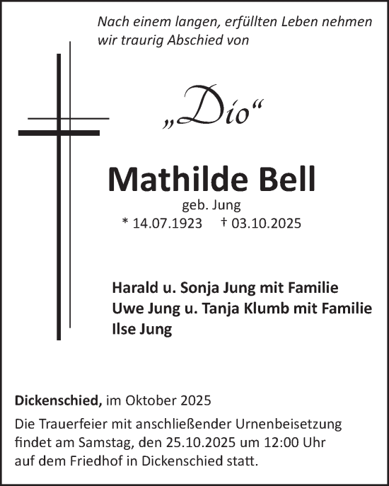 Traueranzeige von Mathilde Bell von WochenSpiegel
