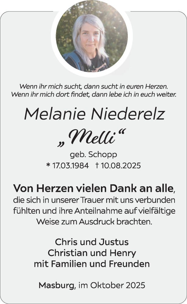  Traueranzeige für Melanie Niederelz vom 11.10.2025 aus WochenSpiegel