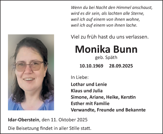 Traueranzeige von Monika Bunn von WochenSpiegel