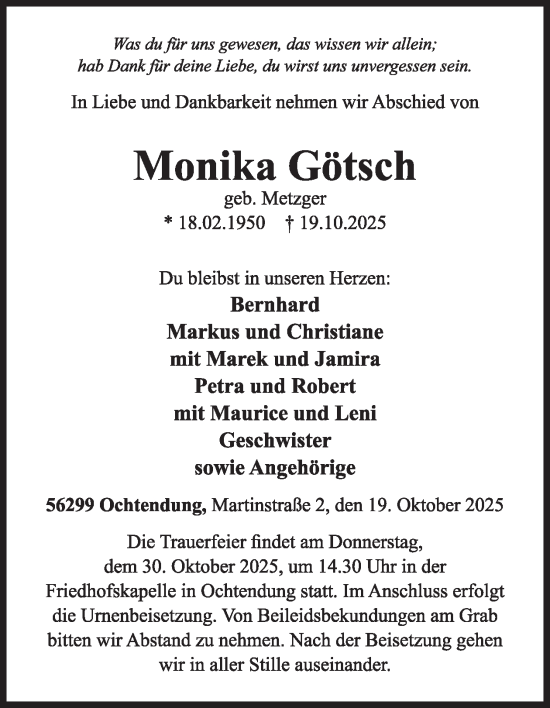 Traueranzeige von Monika Götsch von WochenSpiegel