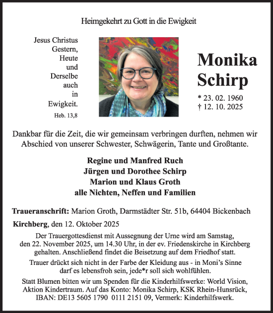 Traueranzeige von Monika Schirp von WochenSpiegel