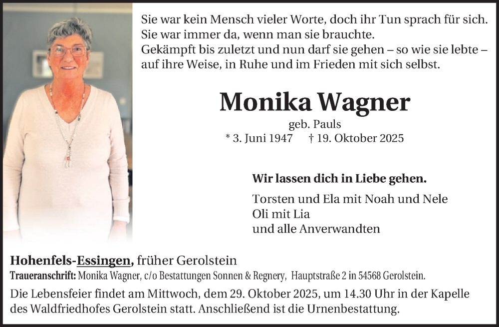  Traueranzeige für Monika Wagner vom 25.10.2025 aus WochenSpiegel