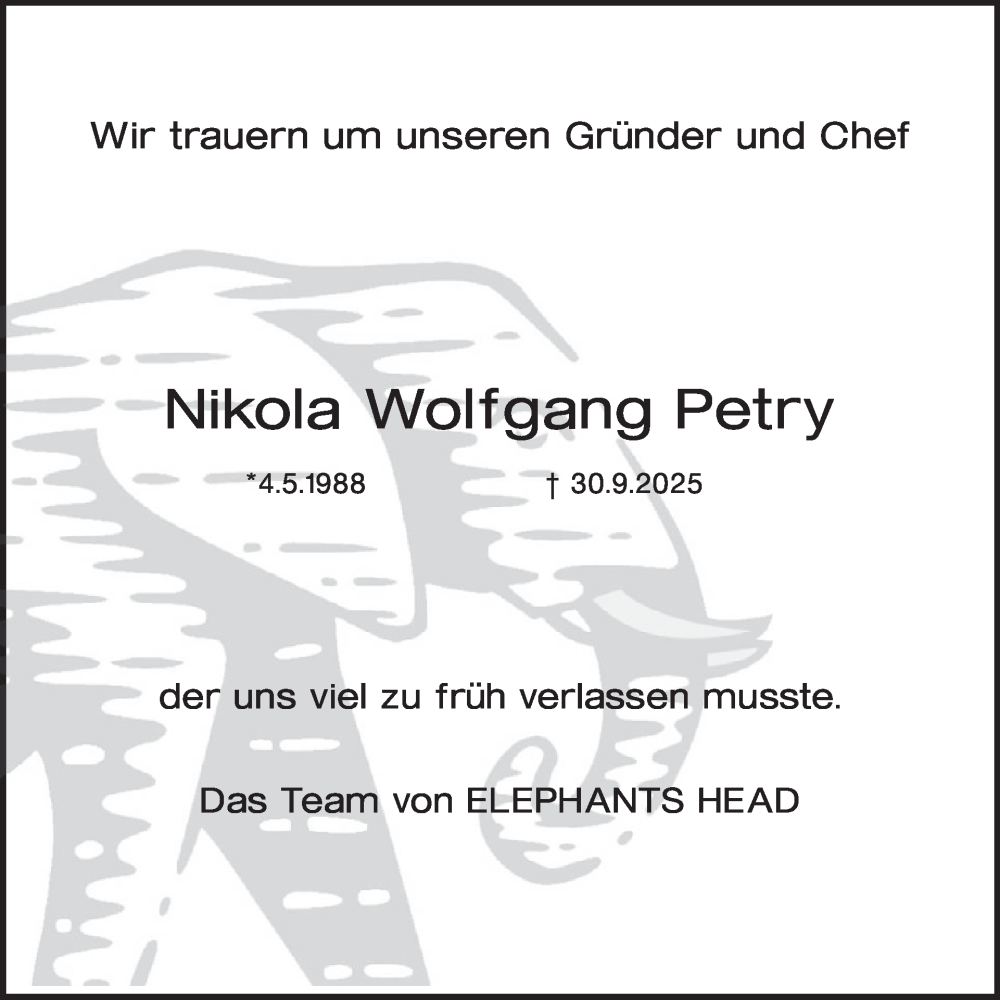  Traueranzeige für Nikola Wolfgang Petry vom 31.10.2025 aus WochenSpiegel
