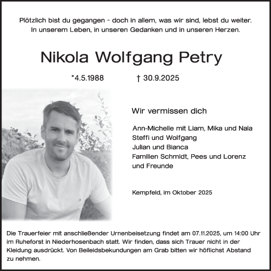 Traueranzeige von Nikola Wolfgang Petry von WochenSpiegel