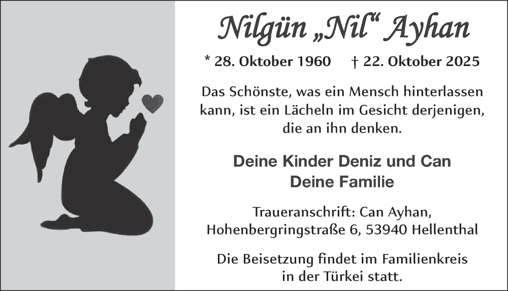  Traueranzeige für Nilgün Ayhan vom 29.10.2025 aus WochenSpiegel
