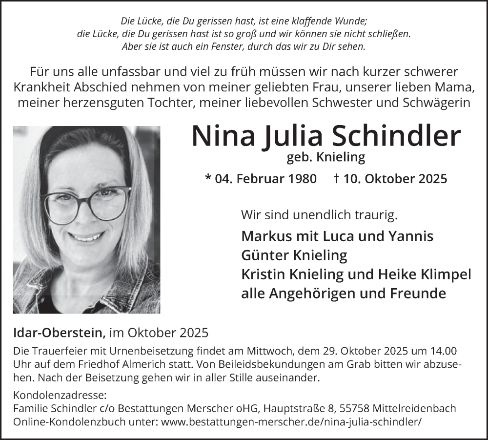  Traueranzeige für Nina Julia Schindler vom 25.10.2025 aus WochenSpiegel
