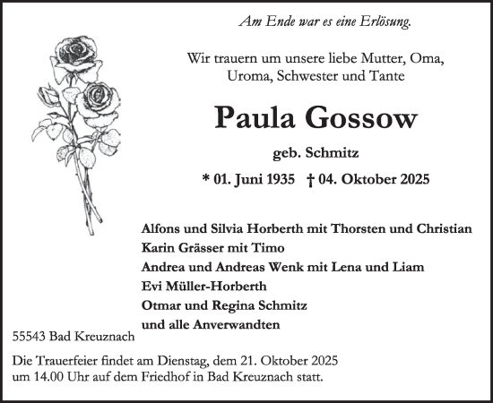 Traueranzeige von Paula Gossow von WochenSpiegel