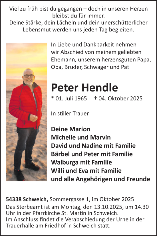 Traueranzeige von Peter Hendle von WochenSpiegel