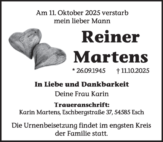 Traueranzeige von Reiner Martens von WochenSpiegel