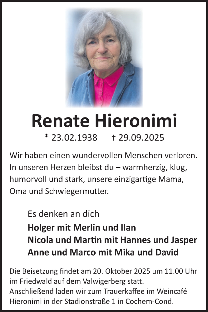  Traueranzeige für Renate Hieronimi vom 15.10.2025 aus WochenSpiegel