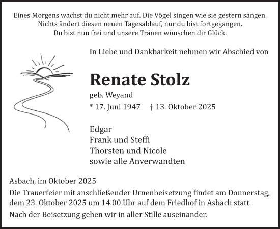 Traueranzeige von Renate Stolz von WochenSpiegel