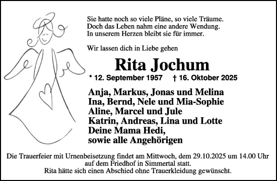 Traueranzeige von Rita Jochum von WochenSpiegel