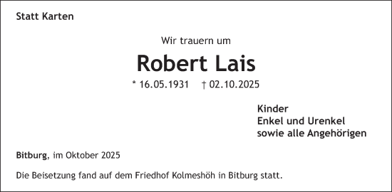 Traueranzeige von Robert Lais von WochenSpiegel