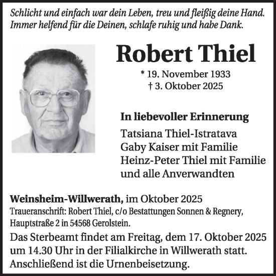 Traueranzeige von Robert Thiel von WochenSpiegel