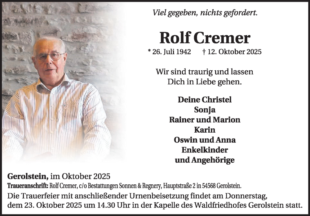  Traueranzeige für Rolf Cremer vom 18.10.2025 aus WochenSpiegel