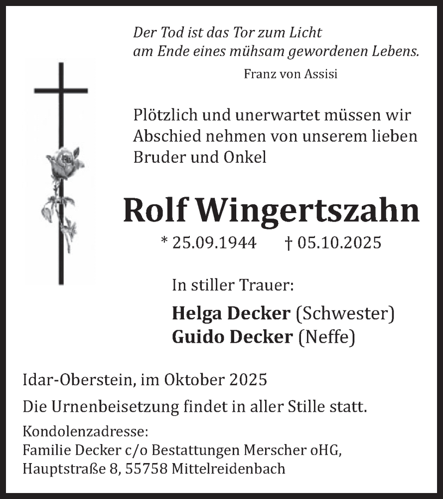  Traueranzeige für Rolf Wingertszahn vom 18.10.2025 aus WochenSpiegel