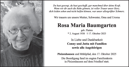 Traueranzeige von Rosa Maria Baumgarten von WochenSpiegel