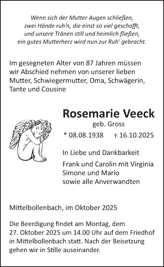 Traueranzeige von Rosemarie Veeck von WochenSpiegel