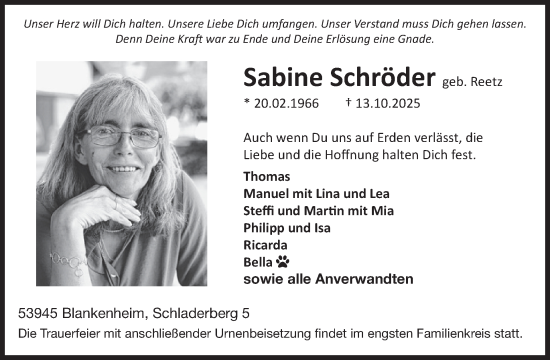 Traueranzeige von Sabine Schröder von WochenSpiegel
