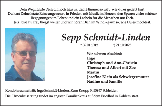 Traueranzeige von Sepp Schmidt-Linden von WochenSpiegel
