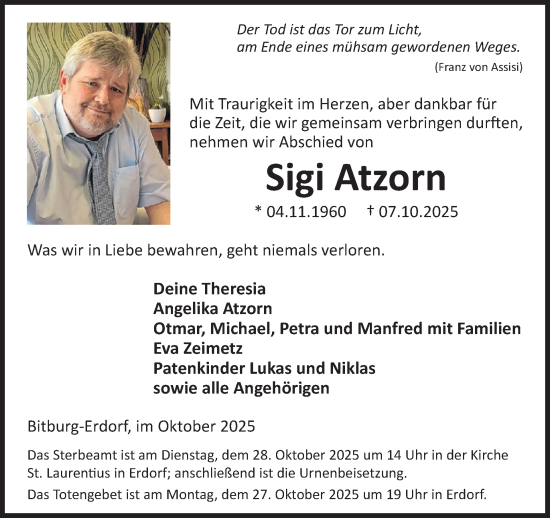 Traueranzeige von Sigi Atzorn von WochenSpiegel