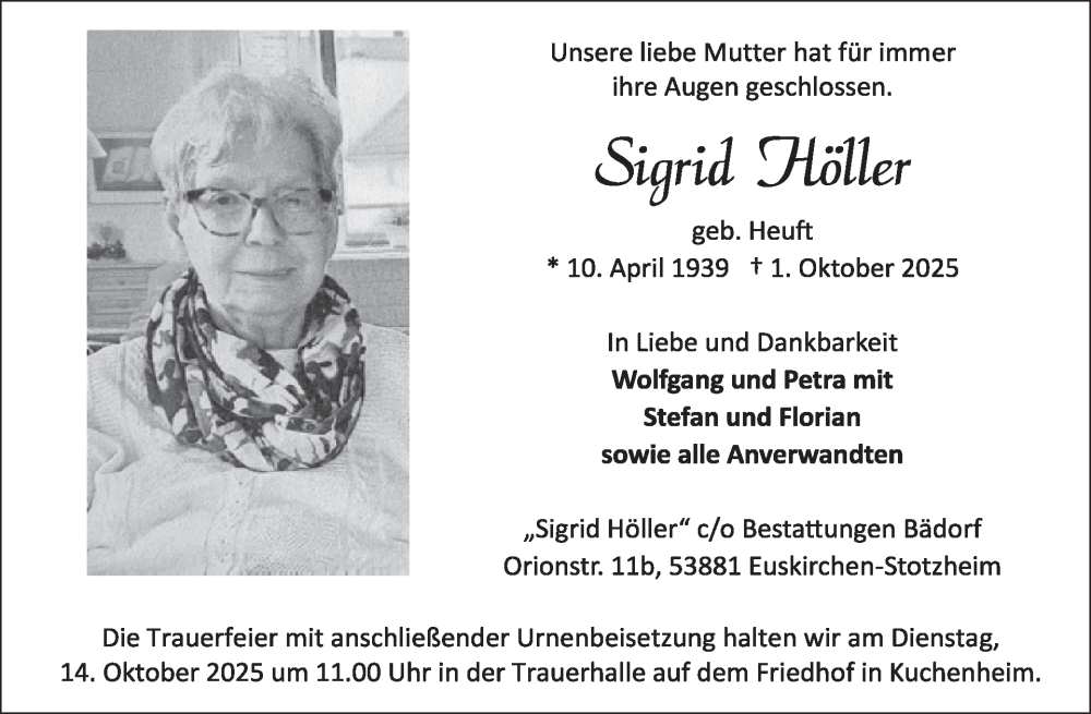 Traueranzeige für Sigrid Höller vom 08.10.2025 aus WochenSpiegel