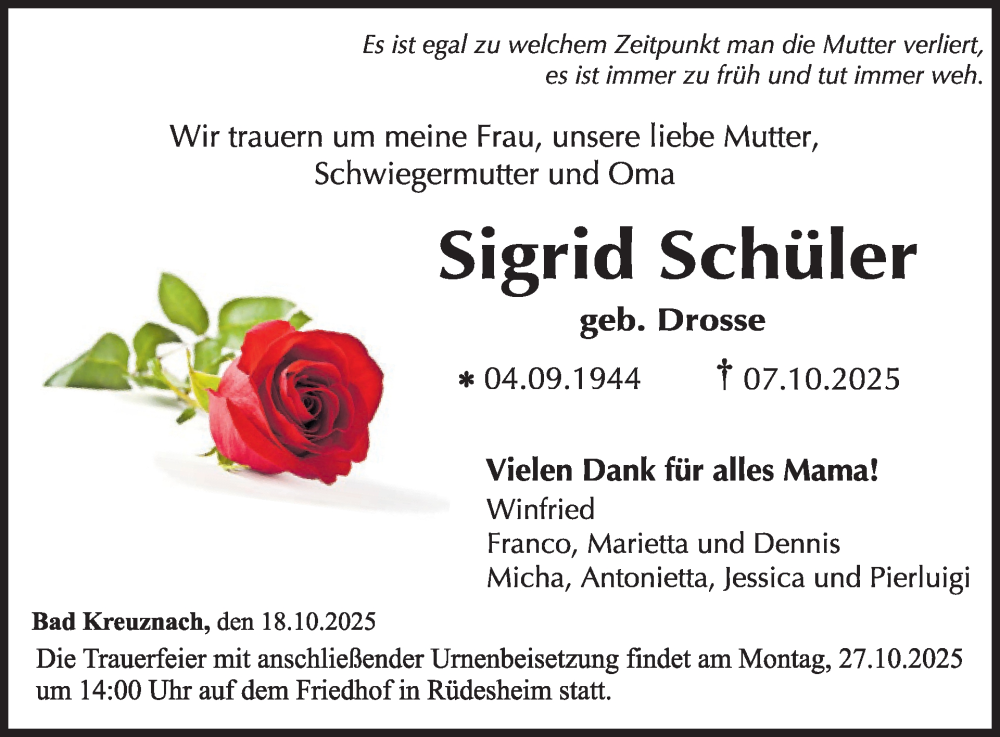  Traueranzeige für Sigrid Schüler vom 18.10.2025 aus WochenSpiegel