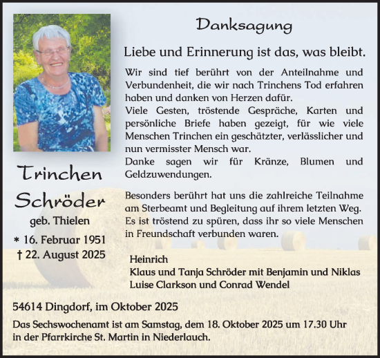 Traueranzeige von Trinchen Schröder von WochenSpiegel
