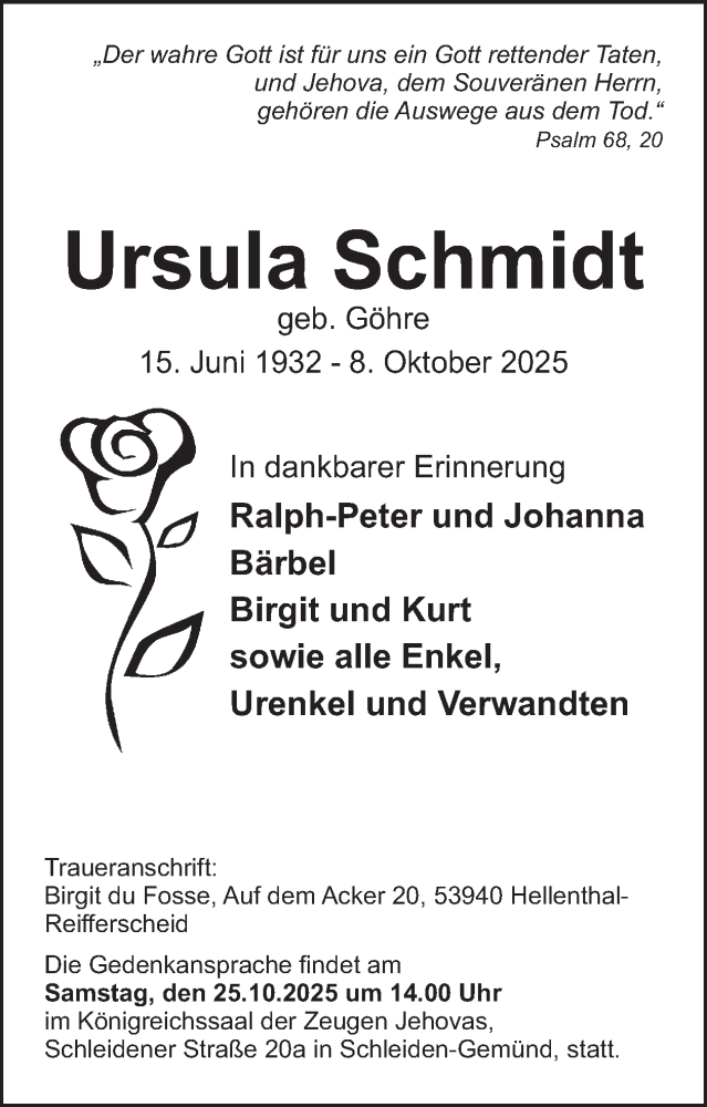 Traueranzeige für Ursula Schmidt vom 22.10.2025 aus WochenSpiegel