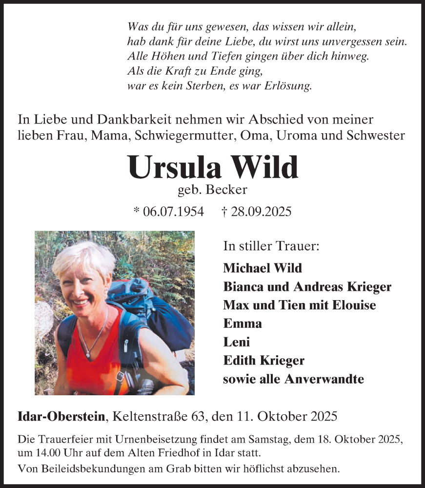  Traueranzeige für Ursula Wild vom 11.10.2025 aus WochenSpiegel