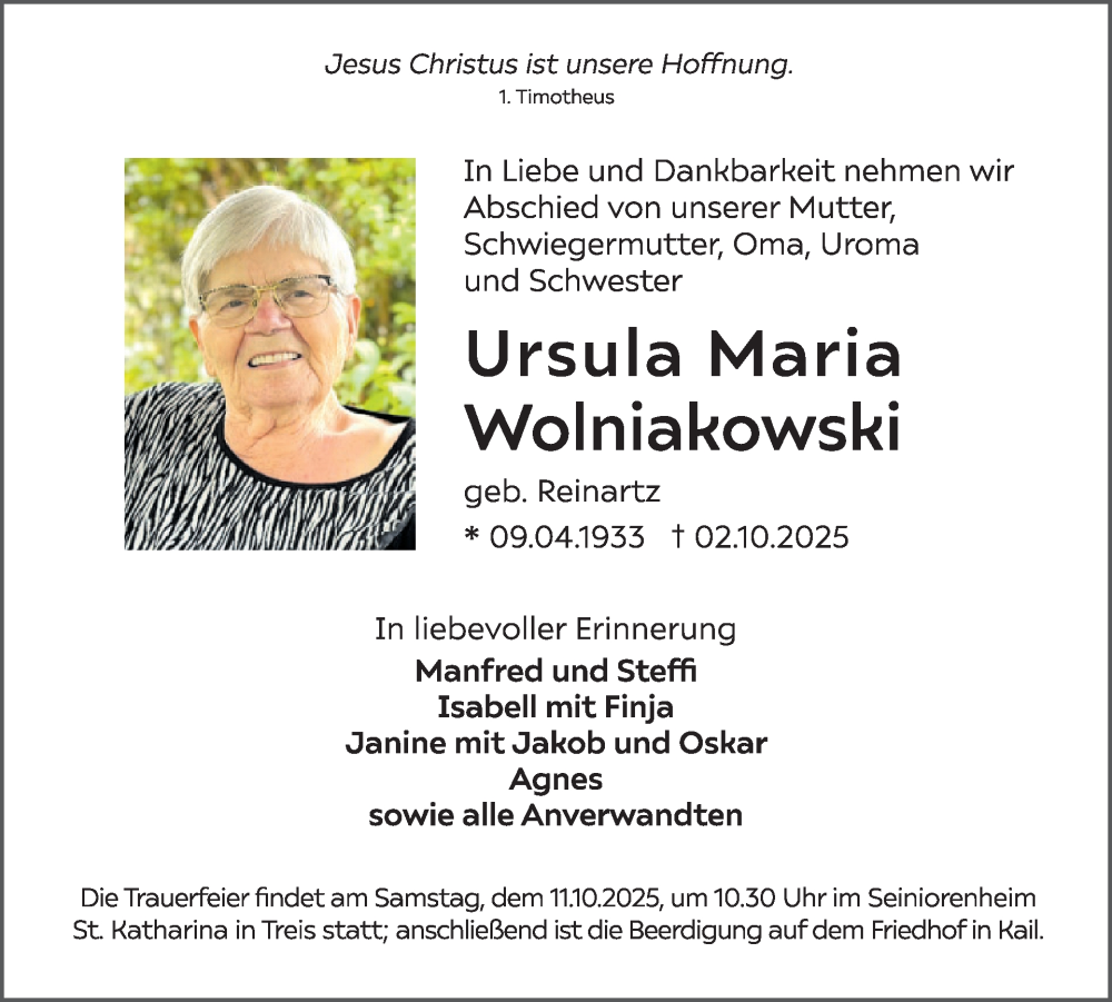  Traueranzeige für Ursula Maria Wolniakowski vom 08.10.2025 aus WochenSpiegel