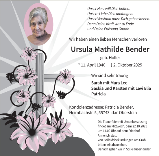 Traueranzeige von Ursula Mathilde Bender von WochenSpiegel
