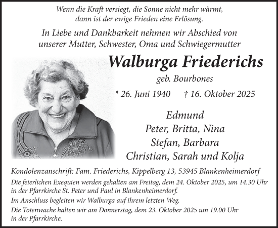 Traueranzeige von Walburga Friederichs von WochenSpiegel
