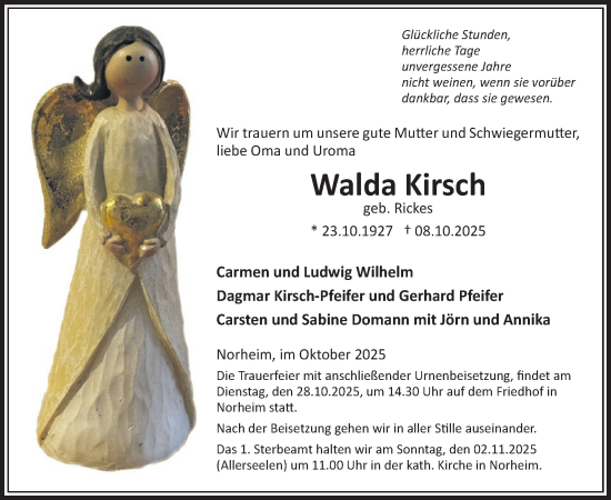 Traueranzeige von Walda Kirsch von WochenSpiegel