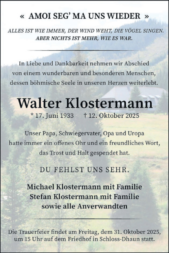 Traueranzeige von Walter Klostermann von WochenSpiegel