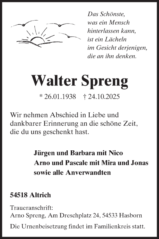 Traueranzeige von Walter Spreng von WochenSpiegel