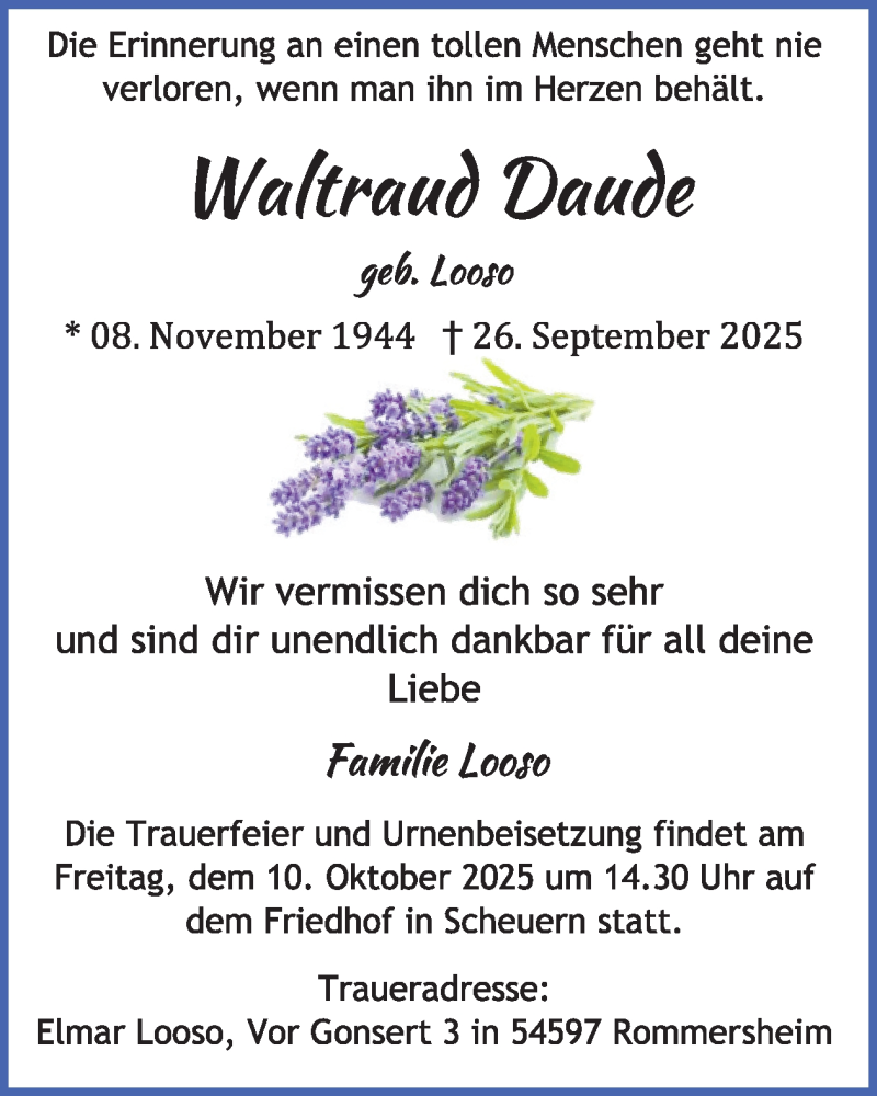  Traueranzeige für Waltraud Daude vom 04.10.2025 aus WochenSpiegel