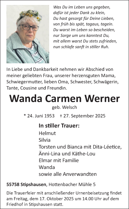 Traueranzeige von Wanda Carmen Werner von WochenSpiegel