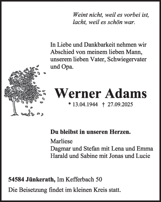 Traueranzeige von Werner Adams von WochenSpiegel