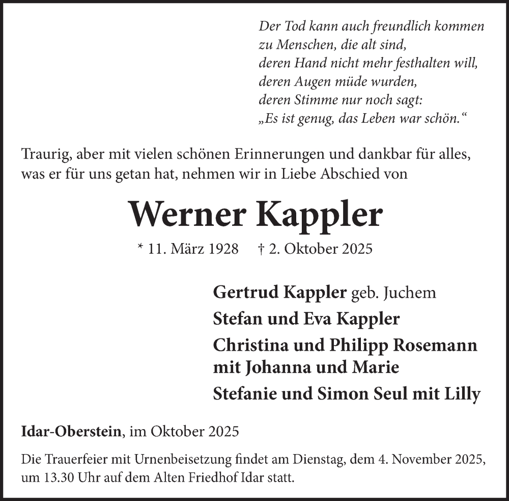  Traueranzeige für Werner Kappler vom 25.10.2025 aus WochenSpiegel
