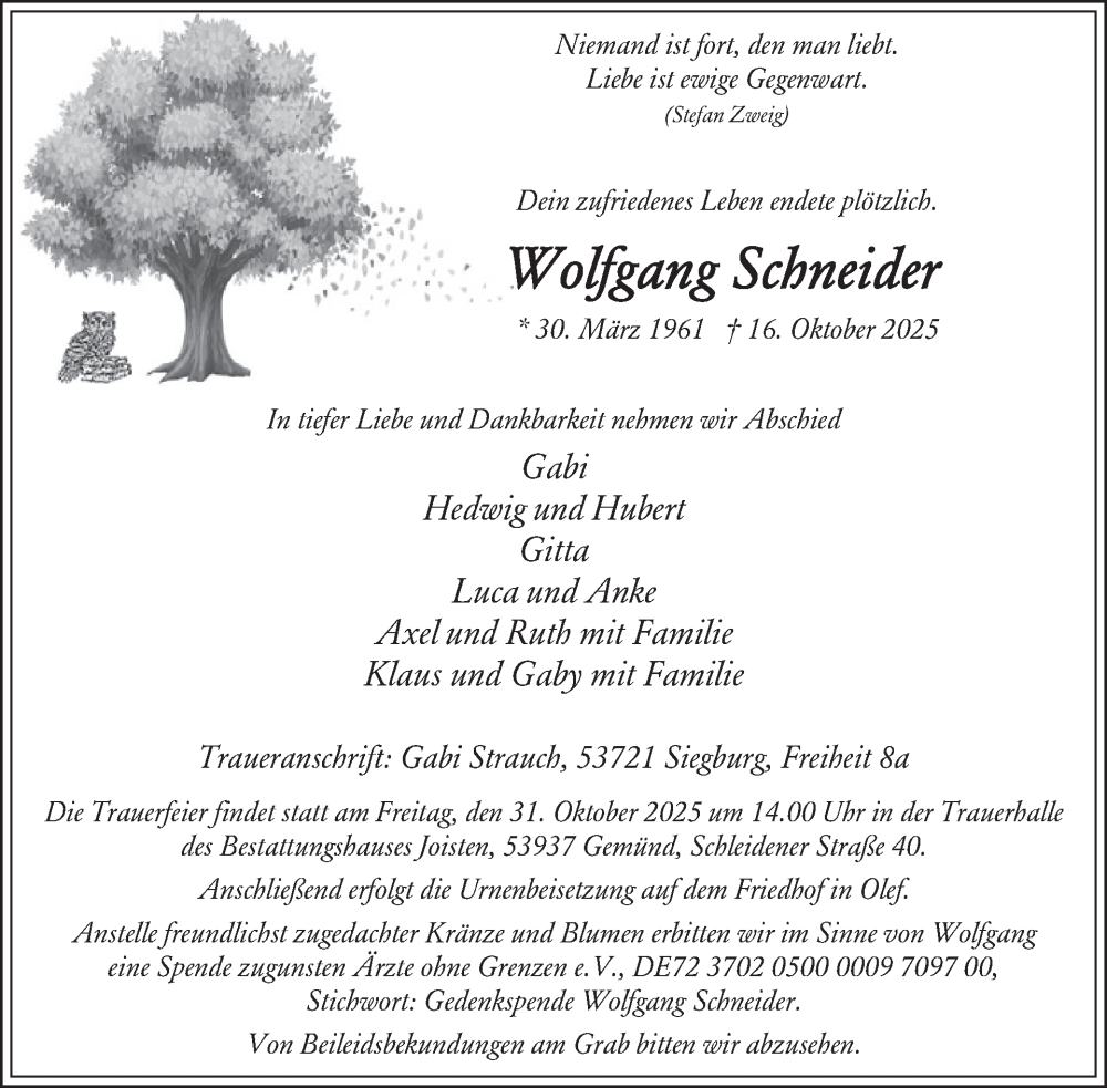  Traueranzeige für Wolfgang Schneider vom 29.10.2025 aus WochenSpiegel