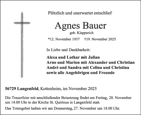 Traueranzeige von Agnes Bauer von WochenSpiegel