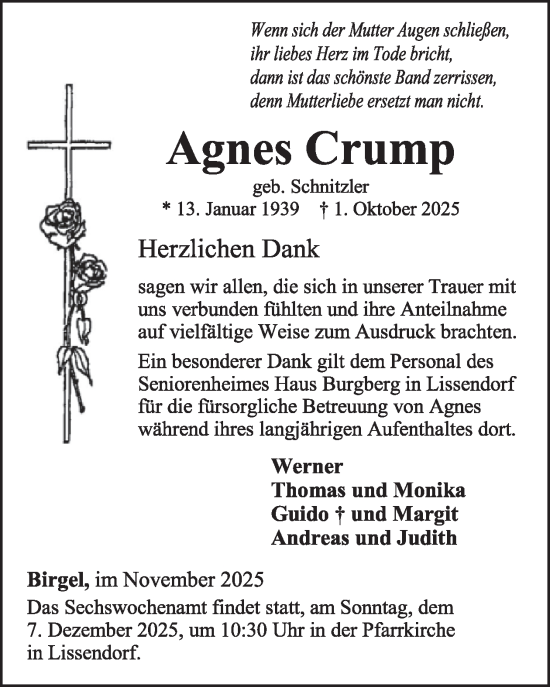 Traueranzeige von Agnes Crump von WochenSpiegel