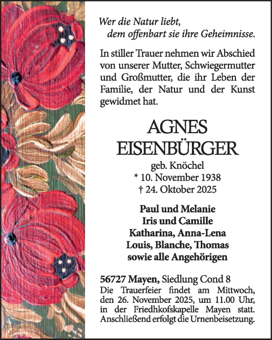 Traueranzeige von Agnes Eisenbürger von WochenSpiegel