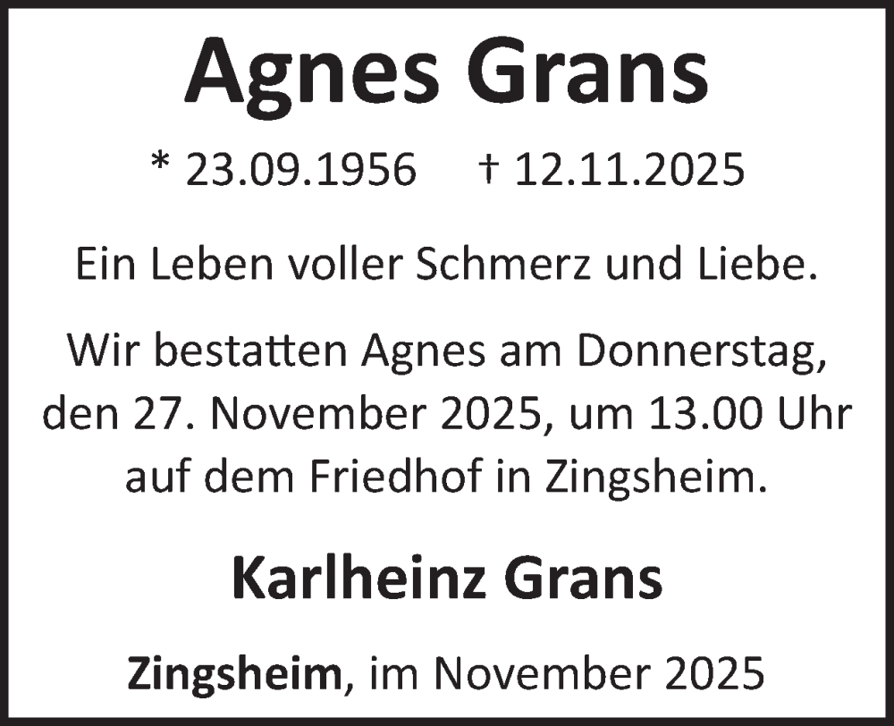  Traueranzeige für Agnes Grans vom 26.11.2025 aus WochenSpiegel