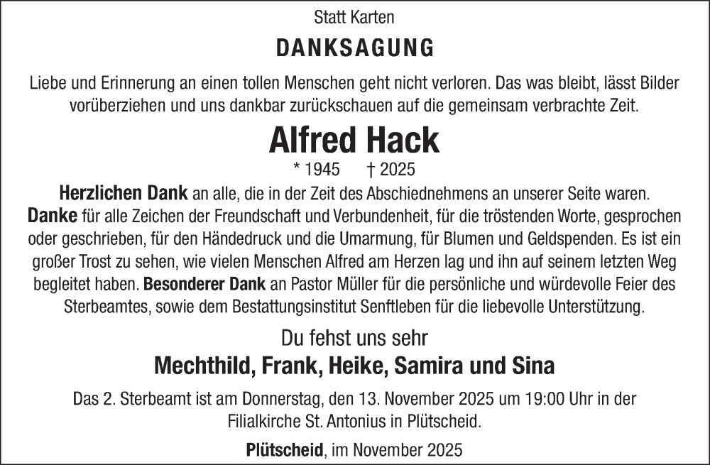  Traueranzeige für Alfred Hack vom 07.11.2025 aus WochenSpiegel