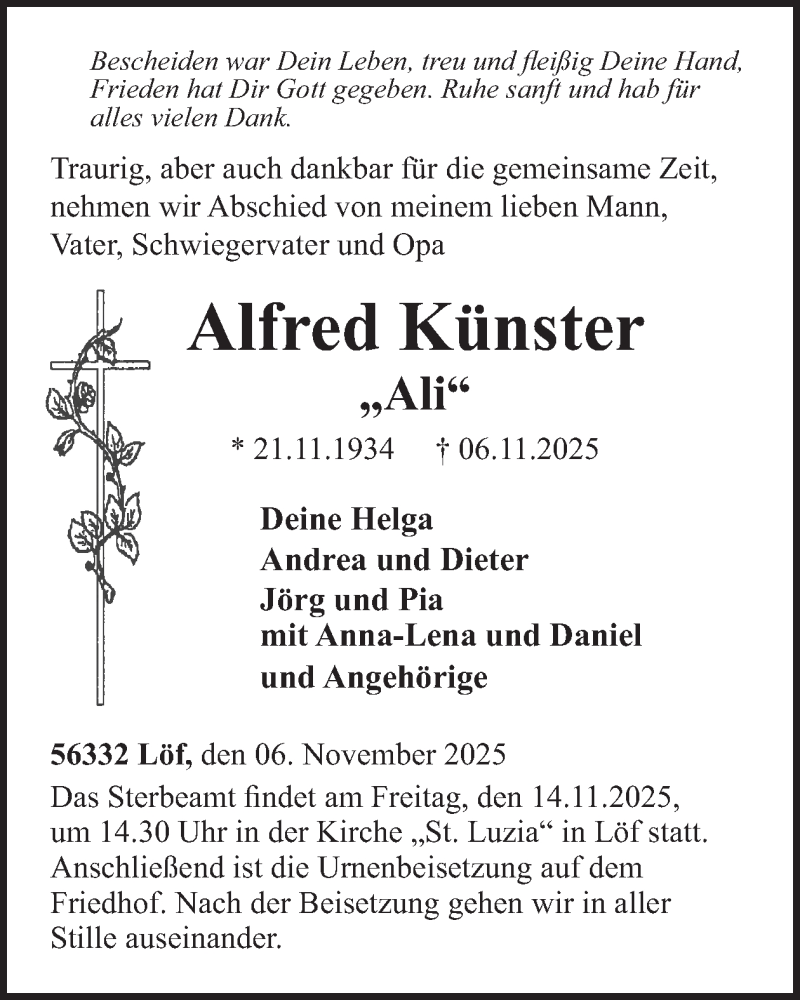  Traueranzeige für Alfred Künster vom 12.11.2025 aus WochenSpiegel