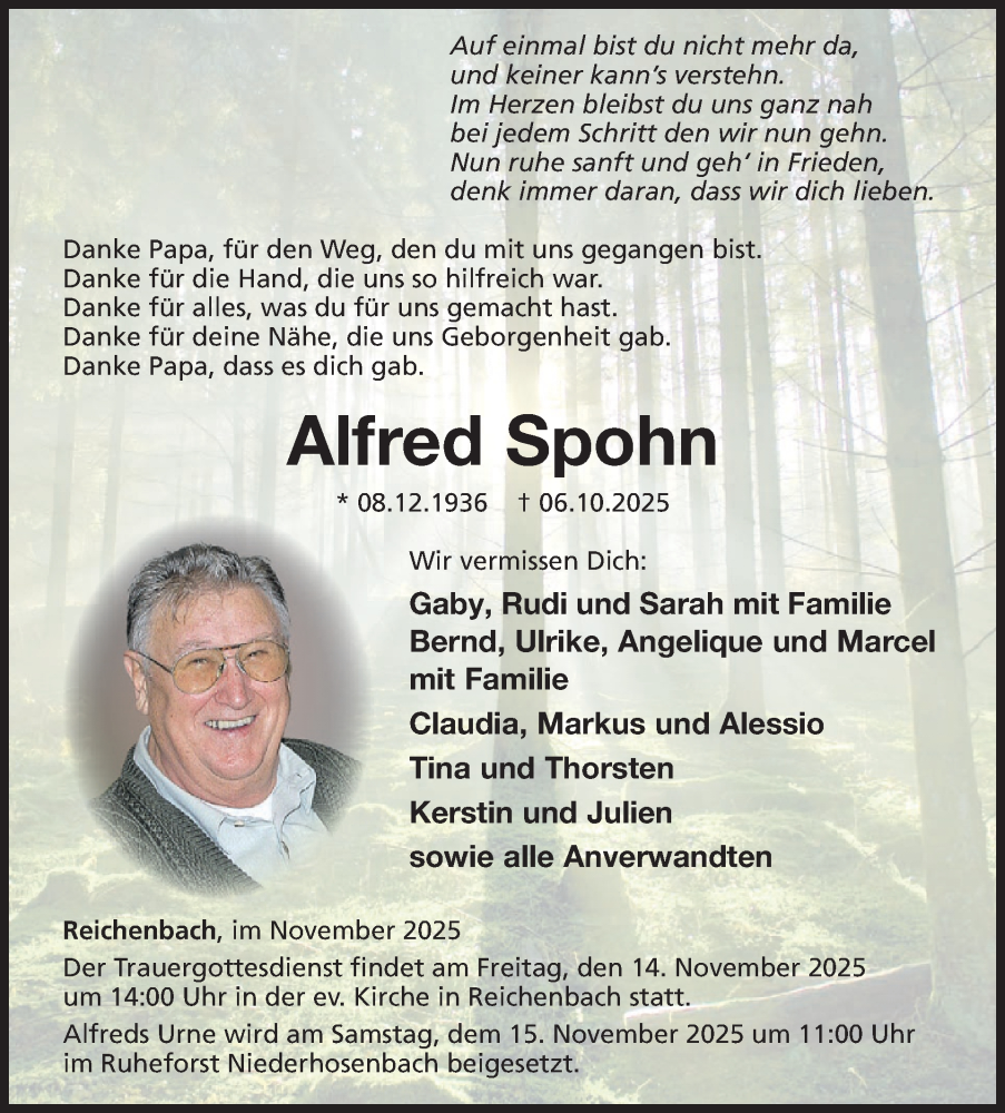  Traueranzeige für Alfred Spohn vom 08.11.2025 aus WochenSpiegel