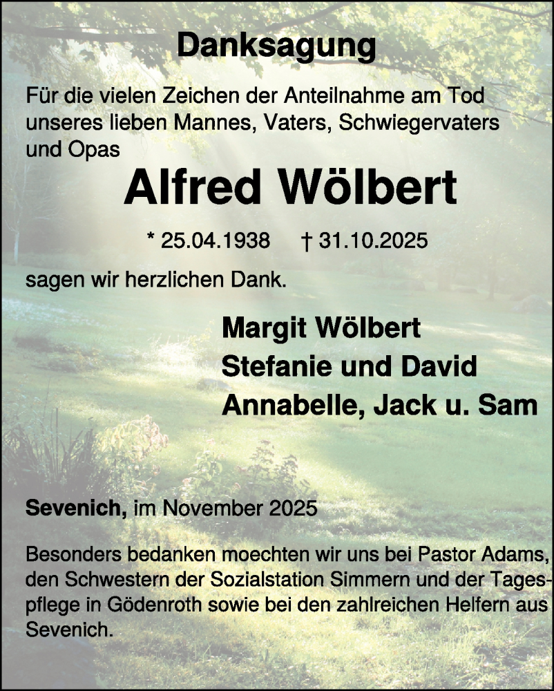  Traueranzeige für Alfred Wölbert vom 29.11.2025 aus WochenSpiegel